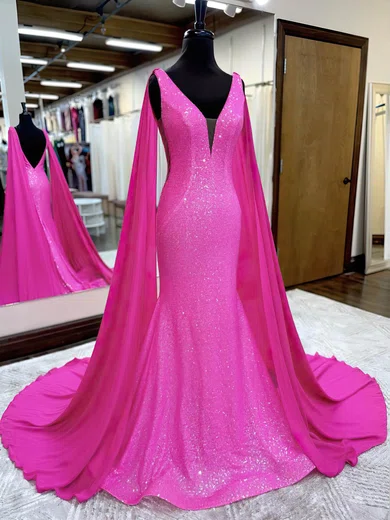 Mermaid V-neck Sparkly Sequin Backless Prom Dresses #UKM020115929