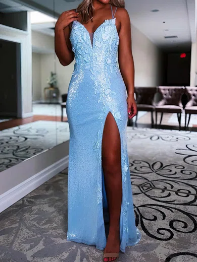 Sheath/Column V-neck Sparkly Sequin Prom Dresses With Floral #UKM020115930
