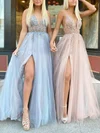 Ball Gown/Princess V-neck Tulle Sweep Train Prom Dresses With Beading #UKM020115938