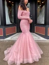 Trumpet/Mermaid Off-the-shoulder Tulle Glitter Sweep Train Appliques Lace Prom Dresses #UKM020115939