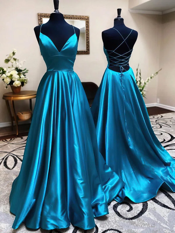 Ball Gown V-neck Satin Sweep Train Prom Dresses #UKM020115940