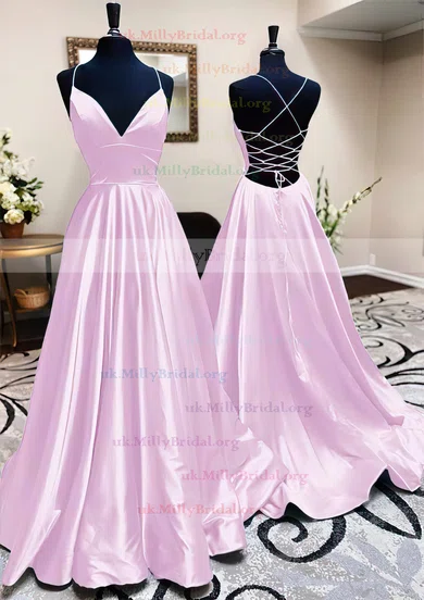 Ball Gown V neck Satin Sweep Train Prom Dresses