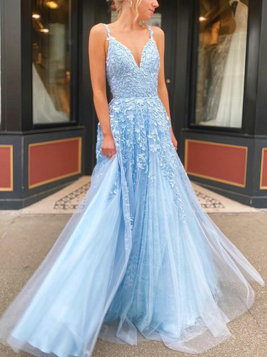 Ball Gown/Princess Sweep Train V-neck Lace Tulle Appliques Lace Prom Dresses #UKM020115941