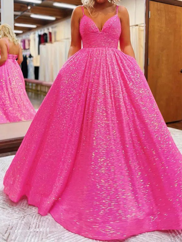 Princess V-neck Sparkly Sequin Prom Dresses With Ruched #UKM020115943