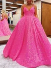 Ball Gown V-neck Sequined Sweep Train Pockets Prom Dresses #UKM020115943