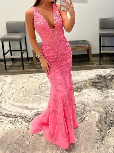 Mermaid V-neck Backless Tulle Prom Dresses With Appliques #UKM020115946