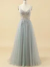 Ball Gown V-neck Tulle Floor-length Beading Prom Dresses #UKM020115947