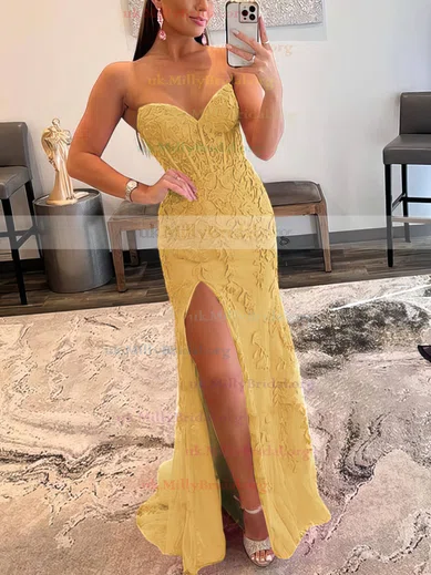 Yellow Floral Lace Backless Mermaid Long Prom Gown with Slit