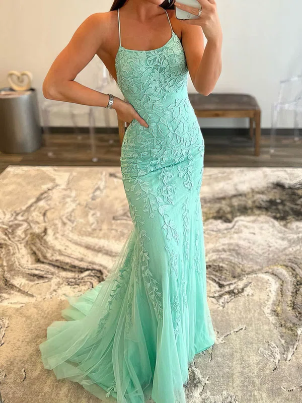 Trumpet/Mermaid Sweep Train Scoop Neck Tulle Appliques Lace Prom Dresses #UKM020115952