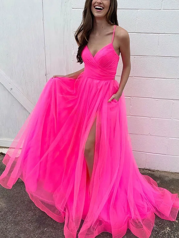 Ball Gown V-neck Tulle Sweep Train Pockets Prom Dresses #UKM020115954