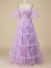 Ball Gown Off-the-shoulder Tulle Floor-length Tiered Prom Dresses #UKM020115957