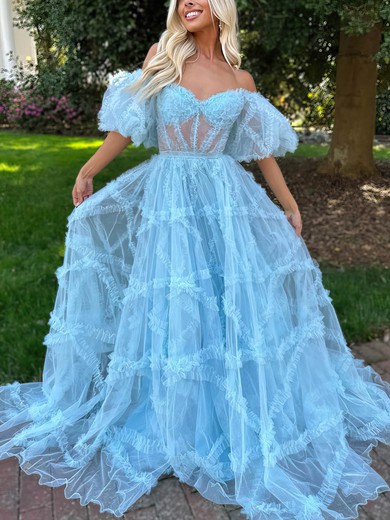 Ball Gown/Princess Off-the-shoulder Tulle Sweep Train Prom Dresses With Tiered #UKM020115958