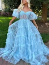 Ball Gown/Princess Off-the-shoulder Tulle Sweep Train Prom Dresses With Tiered #UKM020115958