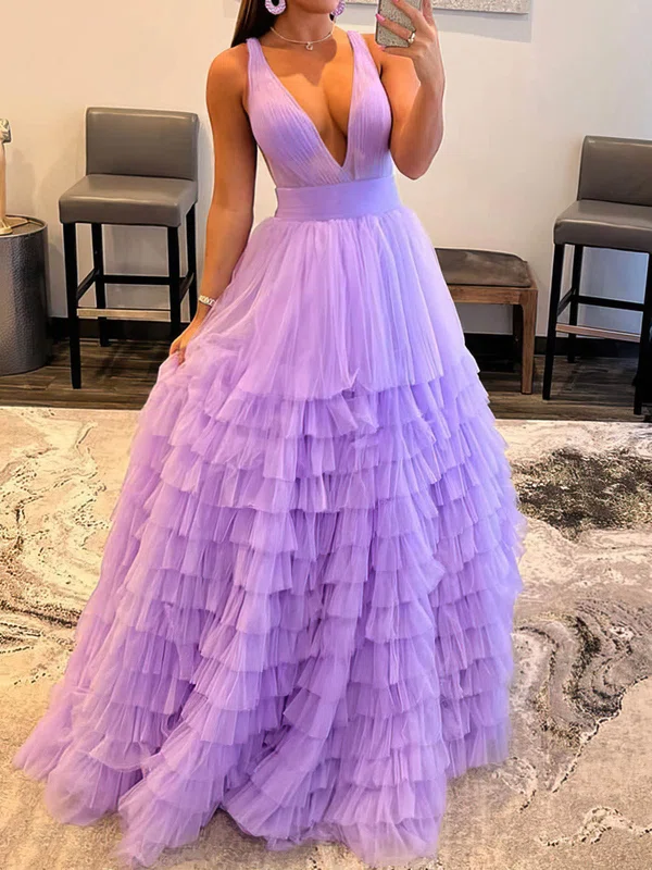Ball Gown V-neck Tulle Ruffle Tiered Prom Dresses #UKM020115959