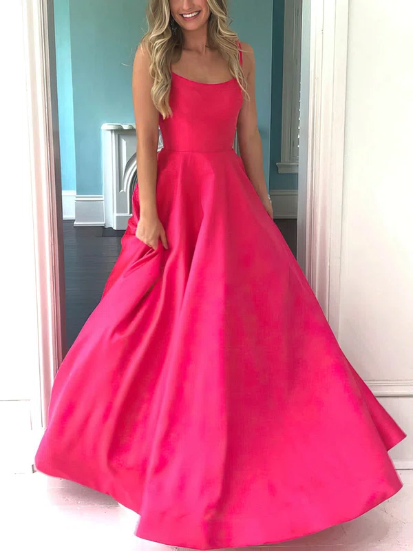 Ball Gown Scoop Neck Satin Sweep Train Prom Dresses #UKM020115963