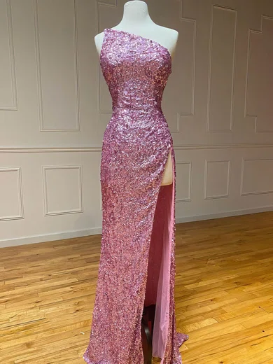 Sheath/Column One Shoulder Sparkly Sequin Prom Dresses #UKM020115964