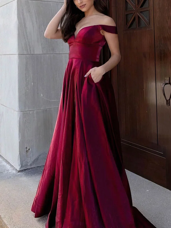 Ball Gown Off-the-shoulder Satin Sweep Train Pockets Prom Dresses #UKM020115966
