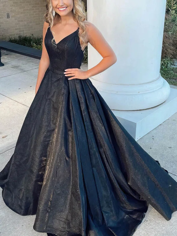 Black Ball Gown V-neck Glitter Prom Dresses #UKM020115968