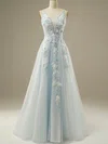 A-line V-neck Tulle Sweep Train Appliques Lace Prom Dresses #UKM020115970