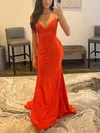 Trumpet/Mermaid V-neck Jersey Sweep Train Beading Prom Dresses #UKM020115982