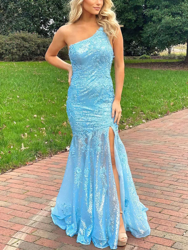 Trumpet/Mermaid One Shoulder Sequined Sweep Train Appliques Lace Prom Dresses #UKM020115990