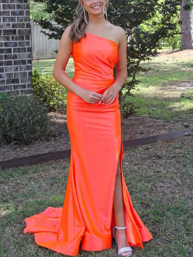 Sheath/Column One Shoulder Silk-like Satin Sweep Train Prom Dresses With Ruffles #UKM020115992