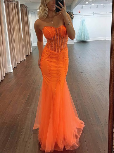 Trumpet/Mermaid Sweetheart Tulle Floor-length Appliques Lace Prom Dresses #UKM020115995