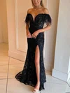 Sheath/Column Off-the-shoulder Sequined Sweep Train Prom Dresses With Feathers / Fur #UKM020115996