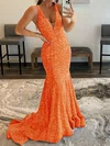 Mermaid V-neck Sparkly Velvet Sequin Backless Prom Dresses #UKM020115998