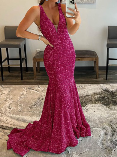Mermaid V-neck Sparkly Velvet Sequin Backless Prom Dresses #UKM020115999