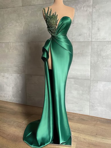 Sheath/Column Illusion Silk-like Satin Sweep Train Beading Prom Dresses #UKM020116011