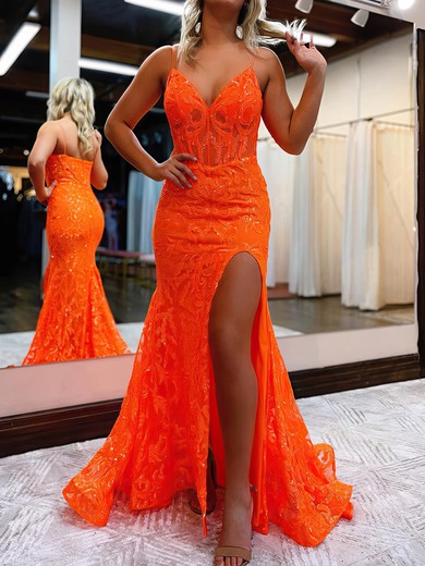 Trumpet/Mermaid V-neck Lace Sweep Train Appliques Lace Prom Dresses #UKM020116021