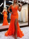 Trumpet/Mermaid V-neck Lace Sweep Train Prom Dresses With Appliques Lace #UKM020116021