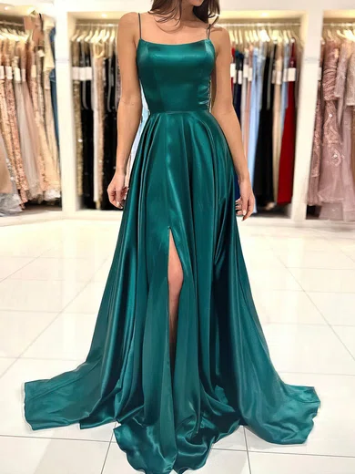 A-line Scoop Neck Silk-like Satin Sweep Train Split Front Prom Dresses #SALEUKM020116030