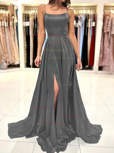 A line Sweep Train Scoop Neck Silk like Satin Split Front Prom