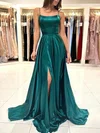 A-line Sweep Train Scoop Neck Silk-like Satin Split Front Prom Dresses #UKM020116030