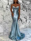 Trumpet/Mermaid V-neck Silk-like Satin Sweep Train Prom Dresses With Beading #UKM020116040
