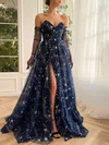 Ball Gown/Princess Sweep Train V-neck Tulle Split Front Prom Dresses #UKM020116050