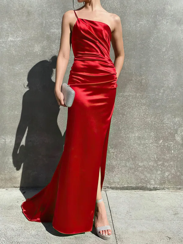 Sheath/Column One Shoulder Satin Prom Dresses With Ruched #UKM020116055