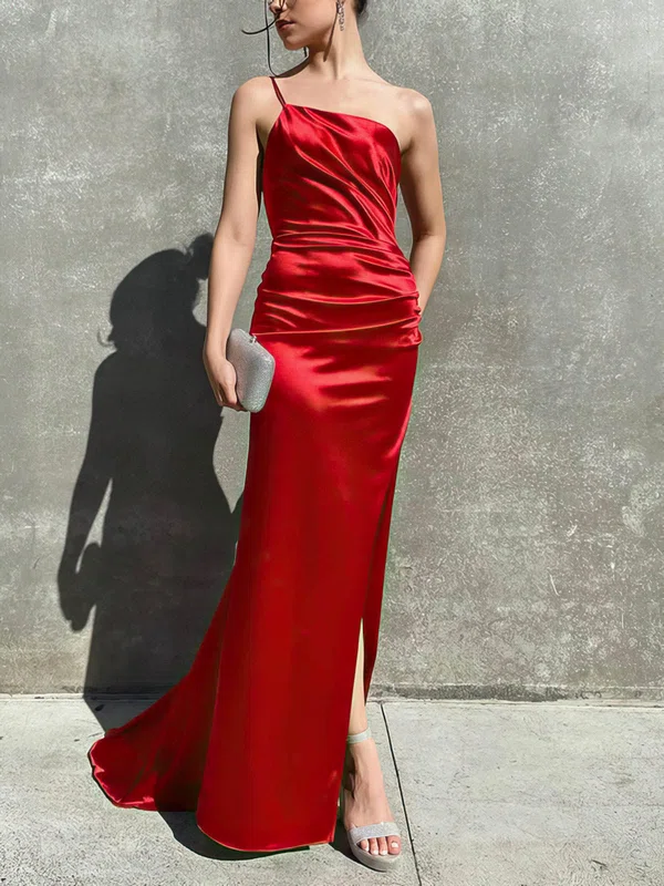 Sheath/Column One Shoulder Silk-like Satin Sweep Train Ruffles Prom Dresses #UKM020116055