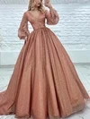 Ball Gown V-neck Glitter Sweep Train Prom Dresses With Sashes / Ribbons #UKM020116058