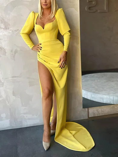 Sheath/Column V-neck Satin Prom Dresses With Long Sleeves #UKM020116063