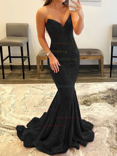 Trumpet Mermaid Sweep Train V neck Velvet Sequins Sexy Prom Dresses