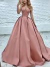 Ball Gown V-neck Satin Sweep Train Prom Dresses With Sashes / Ribbons #UKM020116076