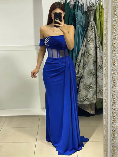 Sheath/Column Off-the-shoulder Silk-like Satin Floor-length Ruffles Prom Dresses #UKM020116080