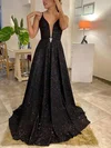 Ball Gown V-neck Glitter Sweep Train Sashes / Ribbons Prom Dresses #UKM020116083