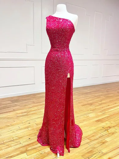 Sheath/Column One Shoulder Sparkly Sequin Prom Dresses #UKM020116088