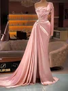 Sheath/Column One Shoulder Silk-like Satin Sweep Train Beading Prom Dresses #UKM020116093