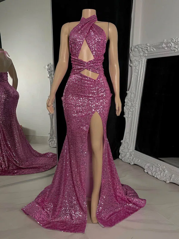 Sheath/Column Halter Sequined Sweep Train Prom Dresses With Split Front #UKM020116098