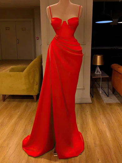 Red Sheath/Column Sweetheart Satin Prom Dresses With Ruched #UKM020116106